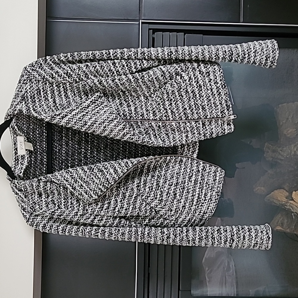 Loft Black White Asymmetrical Zip Moto Blazer Jacket, Size S